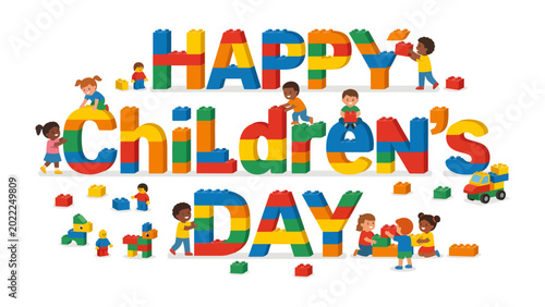Fotografía Celebrating Children's Day: A vibrant illustration showcasing the joy of childhood, featuring a colorful scene with children playing with building blocks