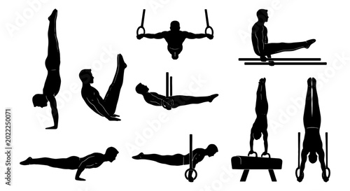 Schilderij op canvas Gymnastics Silhouettes: Dynamic Poses of Athletes on Rings, Pommel Horse, and Fl