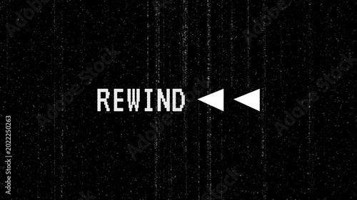 Rewind vhs text with vertical grainy scratch. 4K video animation with alpha channel