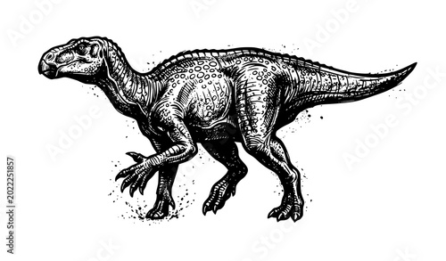 Bild auf Leinwand Graphic Iguanodon Dinosaur Hand Drawn Vector with Grunge Silhouette Design