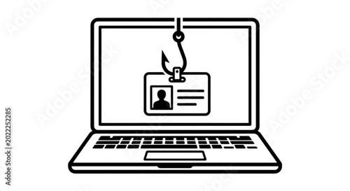 Secure cybersecurity vector image featuring a laptop with a fishing hook stealing a personal identity card to represent online phishing fraud attacks.