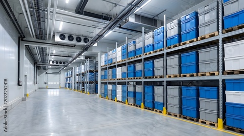 clean refrigerated warehouse aisle with organized insulated storage containers for healthcare cold chain logistics