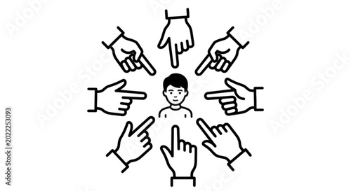 Schilderij op canvas A conceptual vector image depicting a central person being pointed at by multiple hands from all directions representing blame, social pressure, or focus