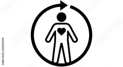 A clean vector image featuring a human silhouette with a heart icon centered in the chest surrounded by a circular directional arrow.