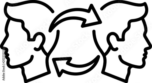 Photos A black and white vector image illustrating two human heads with circular arrows depicting the exchange of ideas and thoughts between people