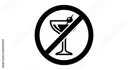 Fotografie A high contrast black and white vector image featuring a prohibited sign over a classic cocktail glass with a single olive garnish