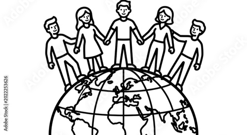 Картината върху платно Conceptual vector image illustrating a global meeting of diverse people standing around a world globe to signify international cooperation and unity