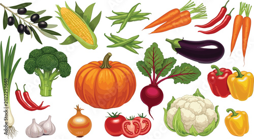 Colorful Farm Vegetable Icon Set with Fresh Organic Produce Collection for Healthy Cooking, Grocery, Vegan Meals, and Nutrition Designs