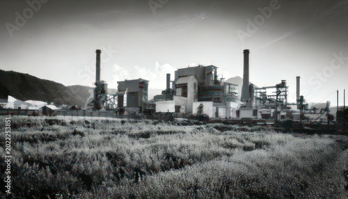Monochrome landscape of a dilapidated industrial complex with tall chimneys.