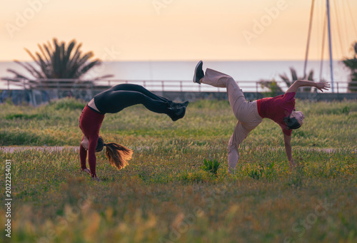 Bild auf Leinwand Two young female acrobats performing synchronized back handsprings and flips on a green meadow during a beautiful coastal sunset of Barcelona