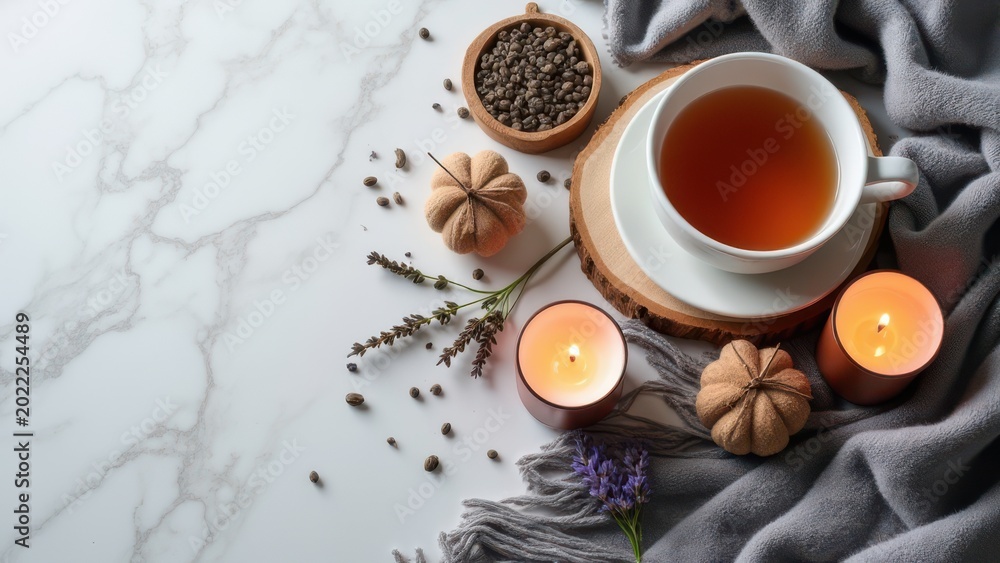 Fototapeta premium cozy hygge composition with wool plaid herbal tea candles and lavender on marble background