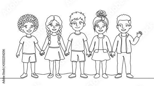 Group of diverse children holding hands line art illustration.