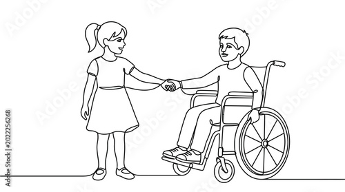 Continuous line drawing of a young girl shaking hands with a boy in a wheelchair.