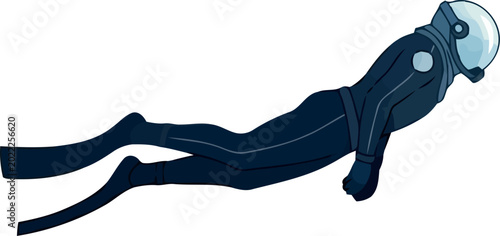 Scuba diver in black wetsuit and diving helmet vector illustration