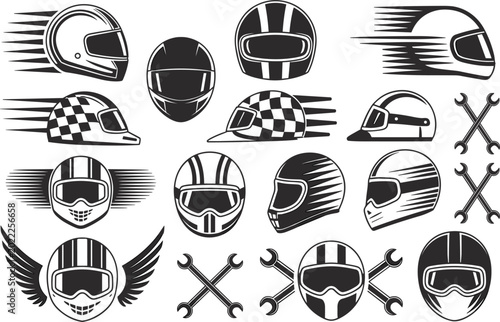 Cuadro en lienzo Vintage motorcycle helmet vector collection, racing rider gear emblem illustrati