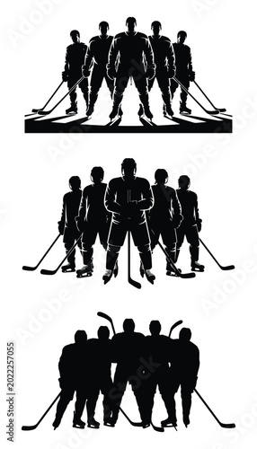 Hockey Team Posing Silhouette isolated on white
