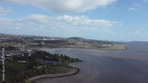 aerial drone sky shot of distant dundee law hill landscape view panoramic city over tay river bank and surrounding area