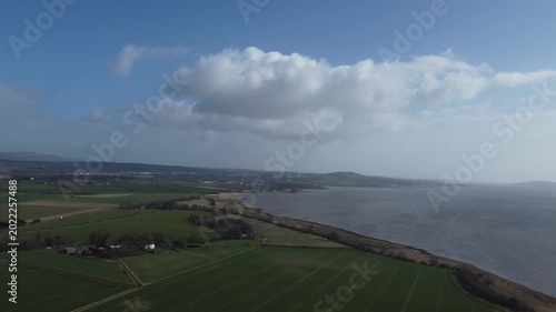 aerial drone sky shot of distant dundee law hill landscape view panoramic city over tay river bank and surrounding area