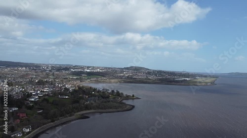 aerial drone sky shot of distant dundee law hill landscape view panoramic city over tay river bank and surrounding area