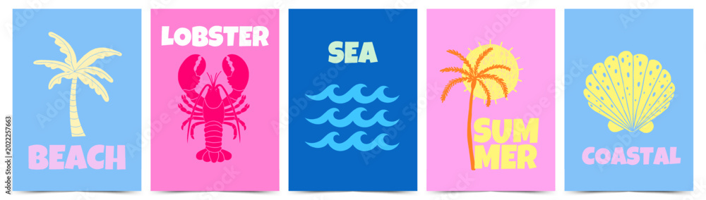 Fototapeta premium Summer travel poster set with palm trees, sun and lobster in funky retro style. Tropical print collection for wall art, greeting cards, nursery decor and stationery. Vector illustration
