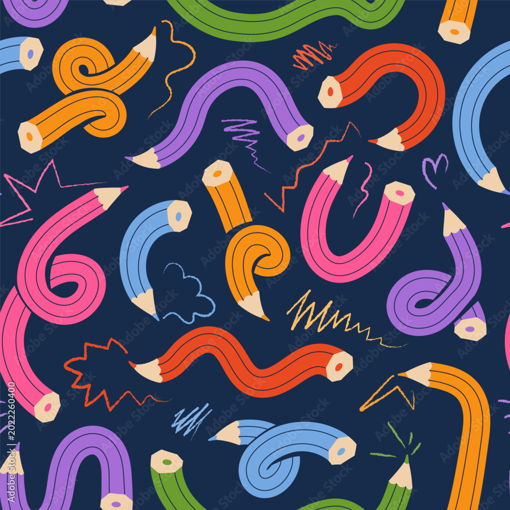Fototapeta premium Creative repeat pattern featuring colorful bent and knotted pencils with crayon scribbles on a navy blue background. Artistic surface design for stationery, school supplies, and textile prints