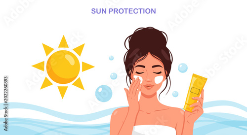 Konstfotografi Sun protection vector illustration of a woman applying sunscreen with sun and wa
