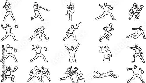 Fényképezés Line art illustrations of baseball players in various actions like pitching batting catching and running on grid background