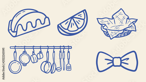 Cuadro en lienzo Blue line art icons of taco lime wedge bread basket kitchen utensils and bowtie