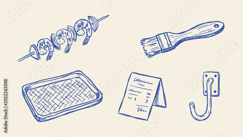 Photos Hand drawn blue ink sketches of shrimp skewer basting brush woven tray menu and