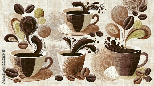 Coffee patterns cover fabric and walls with shapes and beans. Stylish cup splashes in brown and green.