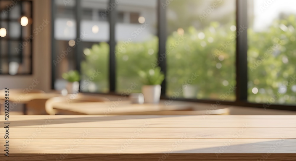 Fototapeta premium Bright empty wooden table near large windows with outdoor greenery