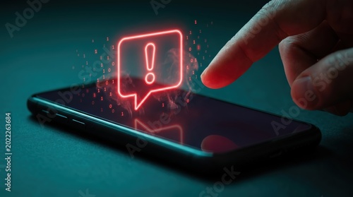 Cyber security alert concept, red exclamation mark icon glowing over smartphone screen. Mobile warning notification, data breach and digital threat 3D render illustration.