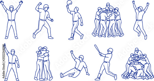 Tableau sur toile Baseball players celebrating victory with team hug and cheering on checkered background
