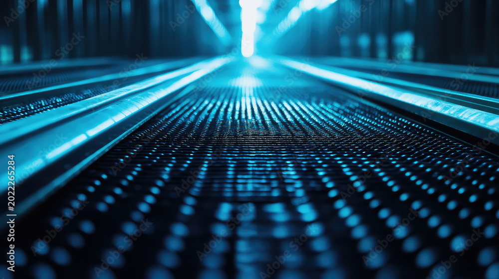 Fototapeta premium Escalator steps are moving forward, creating an abstract perspective with glowing blue light, depicting concepts of modern technology, advancement, and digital movement
