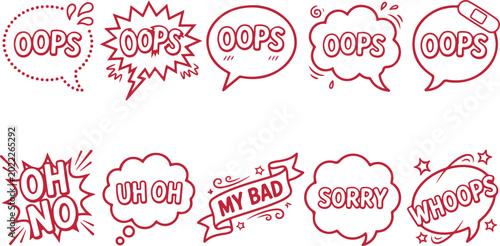 Tableau sur toile Collection of red comic speech bubbles with words oops oh no uh oh my bad sorry whoops