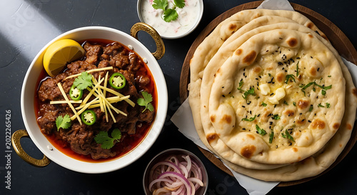 Lamb curry served in a traditional metal bowl is accompanied by freshly baked naan bread.