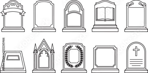 Photos Assortment of memorial gravestones and tombstones in various styles for cemetery icon set