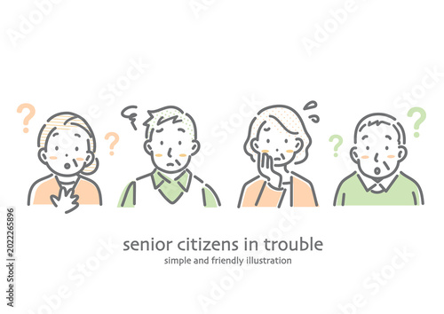 A set of avatars for troubled senior women and senior men: simple and stylish line art illustrations.