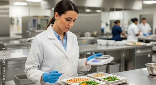 A food scientist in a lab coat meticulously weighs food portions on a digital scale in a professional kitchen setting.