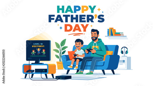 Fotografi Father's Day Bonding: A heartwarming Father's Day scene features a father and son enjoying quality time together while gaming, radiating warmth and affection