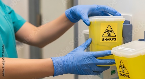 Healthcare worker in blue gloves places a yellow biohazard sharps container into a wall-mounted holder.