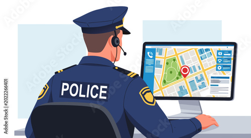 Foto Vector illustration of a police officer at a computer displaying a GPS map, high