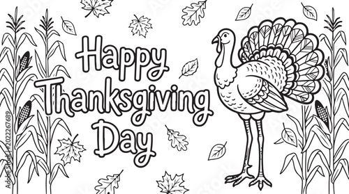Foto Happy Thanksgiving Day greeting with a turkey and corn stalks, surrounded by autumn leaves, perfect for holiday designs