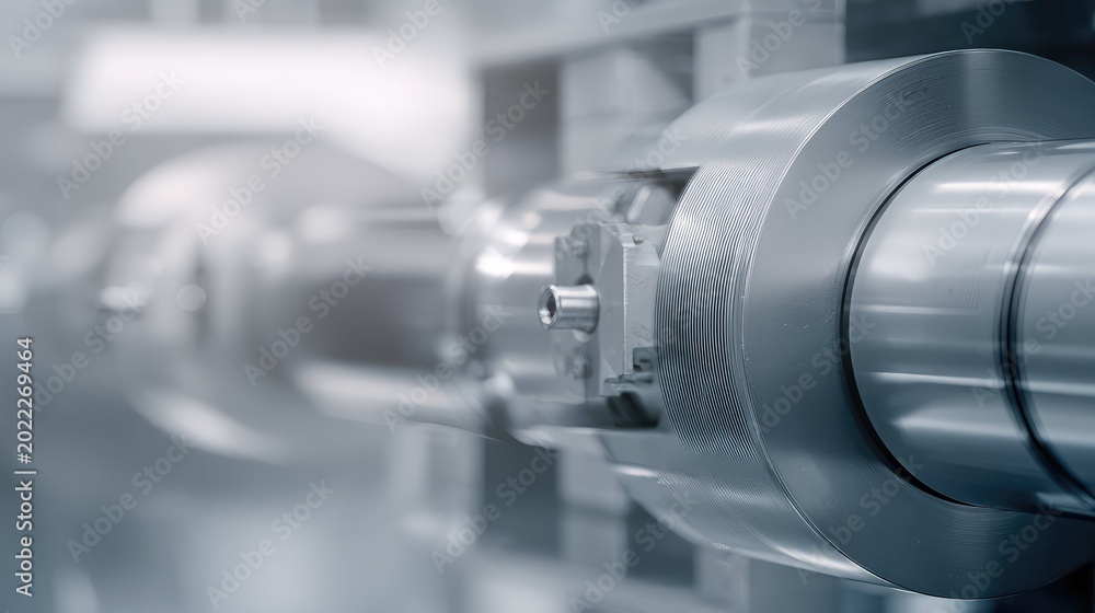 Fototapeta premium Industrial equipment detail featuring highly polished metal parts, highlighting advanced manufacturing technology, engineering, and the smooth surfaces of mechanical components in motion