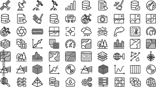 Foto Geospatial Mapping Data Line Icons Set for Satellite Analytics, GIS Monitoring,