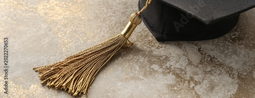 Graduation cap with gold tassel on textured surface  