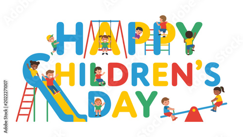 Foto Happy Children's Day: A vibrant illustration celebrates childhood with playful graphics and joyous activities, perfect for commemorating the special day for kids