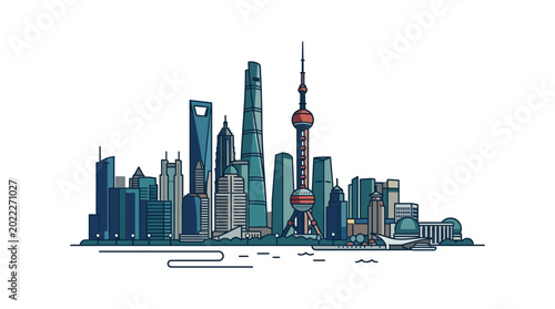 Photography Shanghai Skyline Illustration: Modern Cityscape with Iconic Buildings