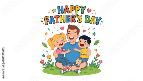 Foto Joyful Father's Day: A vibrant illustration depicts a cheerful father embraced by his two adoring children, under a colorful Happy Father's Day banner
