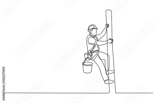 Line art illustration of a construction worker climbing a pole with one line construction climbing illustration industry activity minimalist abstract simplicity background isolated vertical